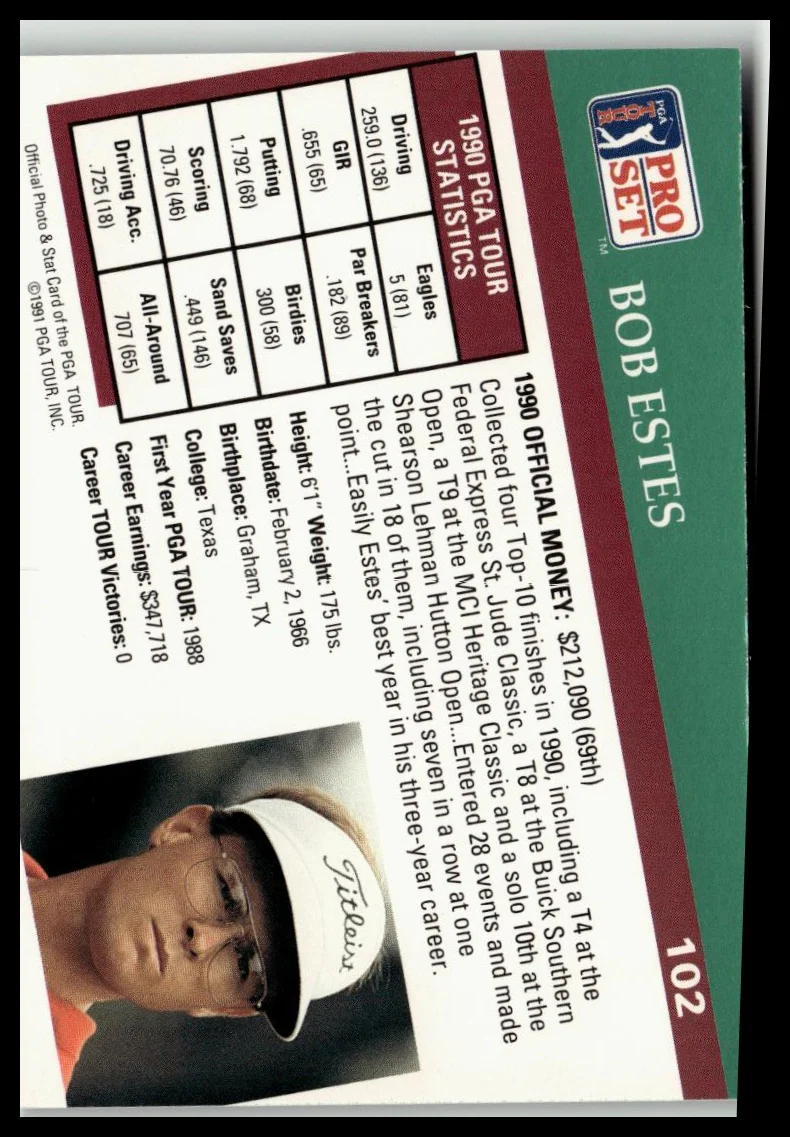 Golf Singles 1991 Pro Set PGA Tour [102 Bob Estes - Image 2