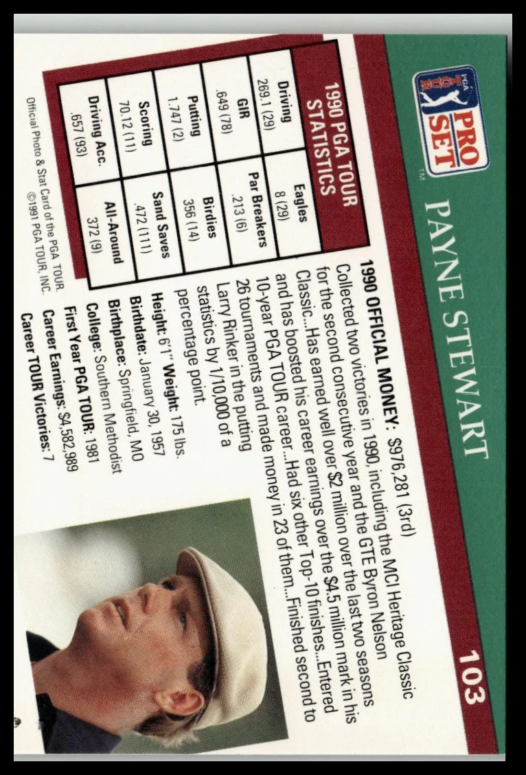 Golf Singles 1991 Pro Set PGA Tour [103 Payne Stewart - Image 2