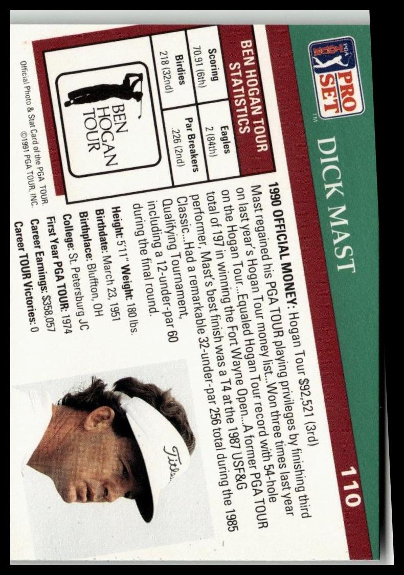 Golf Singles 1991 Pro Set PGA Tour [110 Dick Mast - Image 2