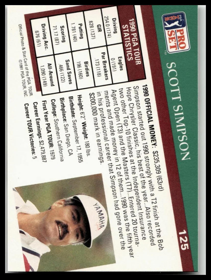 Golf Singles 1991 Pro Set PGA Tour [125 Scott Simpson - Image 2
