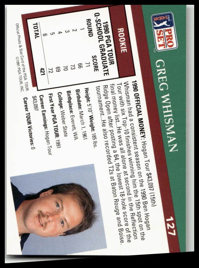 Golf Singles 1991 Pro Set PGA Tour [127 Greg Whisman - Image 2