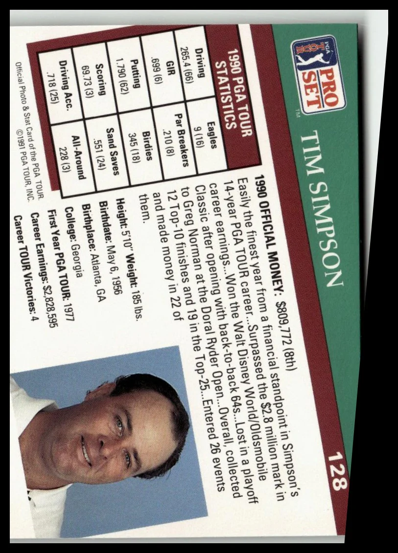 Golf Singles 1991 Pro Set PGA Tour [128 Tim Simpson - Image 2