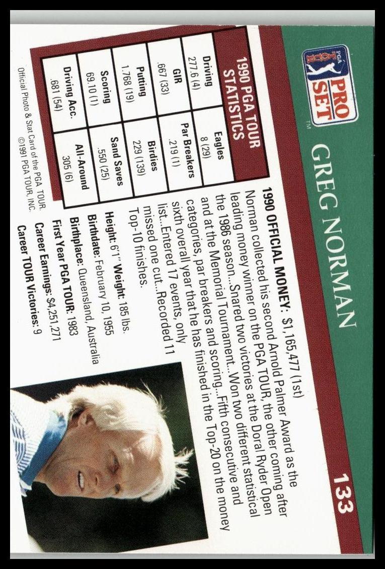 Golf Singles 1991 Pro Set PGA Tour [133 Greg Norman - Image 2