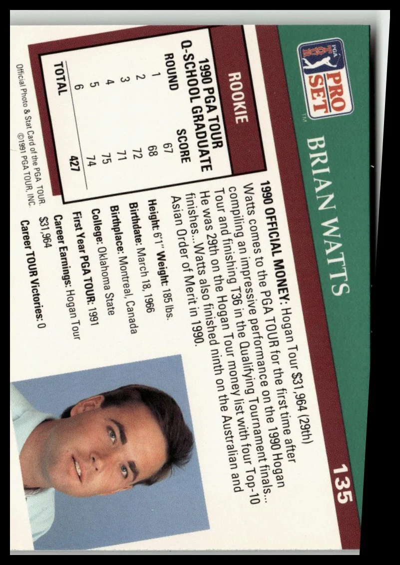 Golf Singles 1991 Pro Set PGA Tour [135 Brian Watts - Image 2