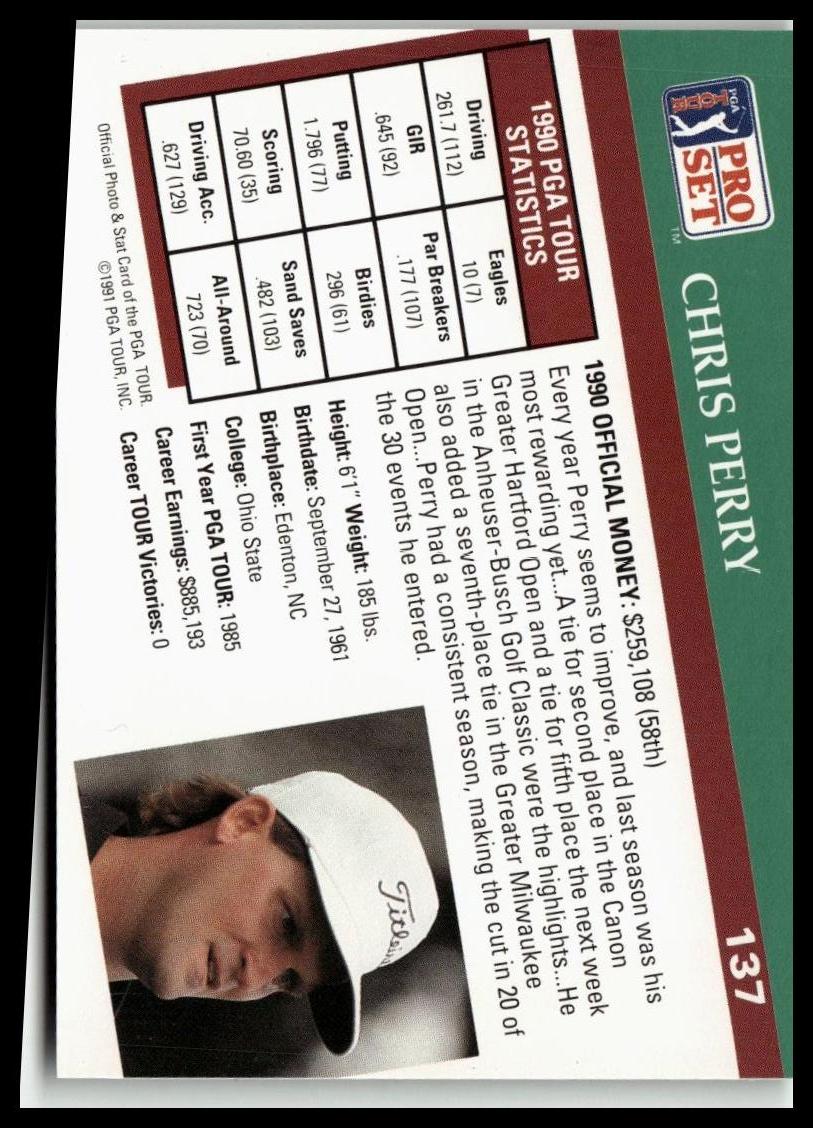 Golf Singles 1991 Pro Set PGA Tour [137 Chris Perry - Image 2