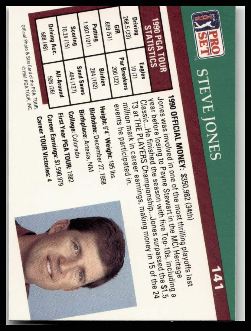 Golf Singles 1991 Pro Set PGA Tour [141 Steve Jones - Image 2
