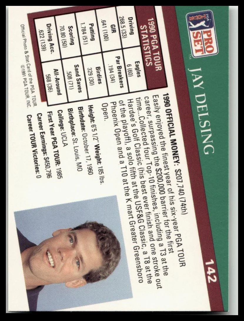 Golf Singles 1991 Pro Set PGA Tour [142 Jay Delsing - Image 2