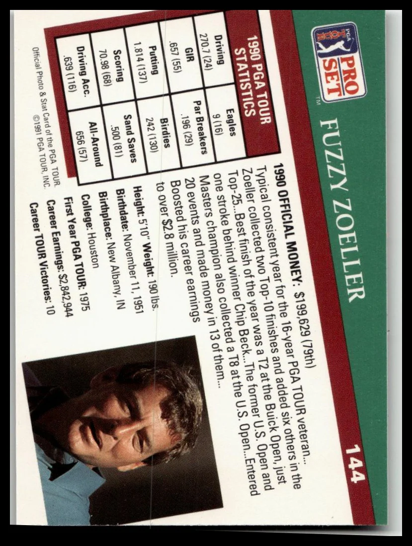 Golf Singles 1991 Pro Set PGA Tour [144 Fuzzy Zoeller - Image 2