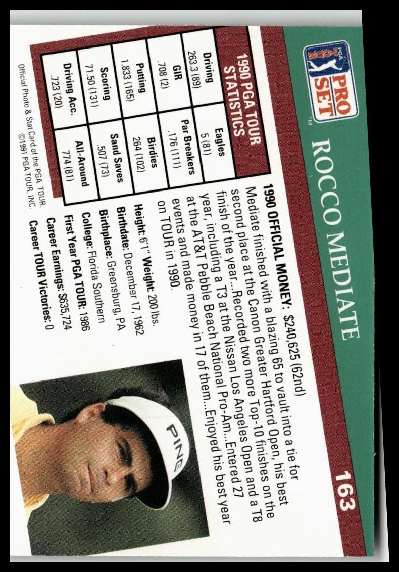 Golf Singles 1991 Pro Set PGA Tour [163 Rocco Mediate - Image 2