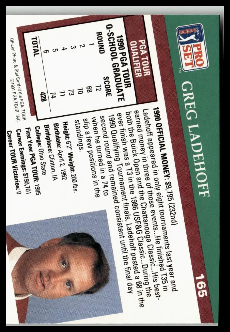 Golf Singles 1991 Pro Set PGA Tour [165 Greg Ladehoff - Image 2