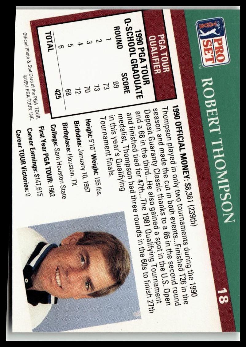 Golf Singles 1991 Pro Set PGA Tour [18 Robert Thompson - Image 2