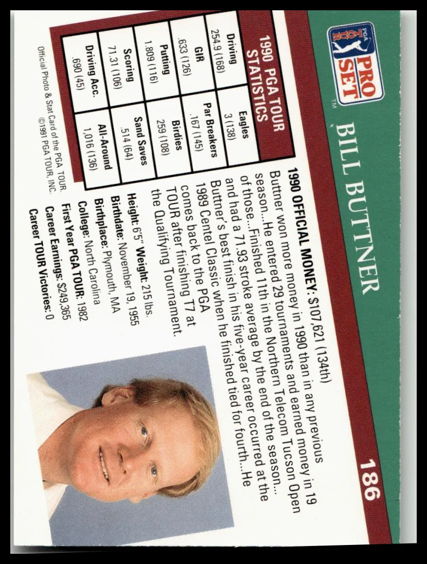 Golf Singles 1991 Pro Set PGA Tour [186 Bill Buttner - Image 2