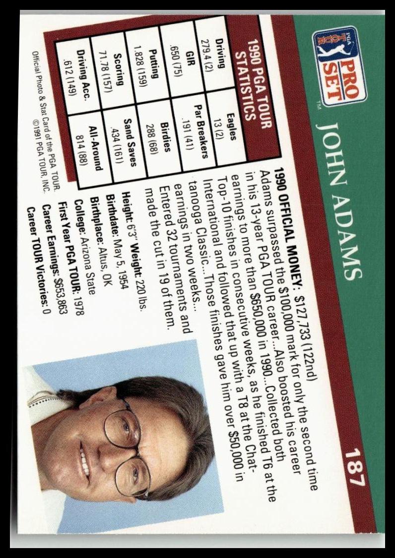 Golf Singles 1991 Pro Set PGA Tour [187 John Adams - Image 2