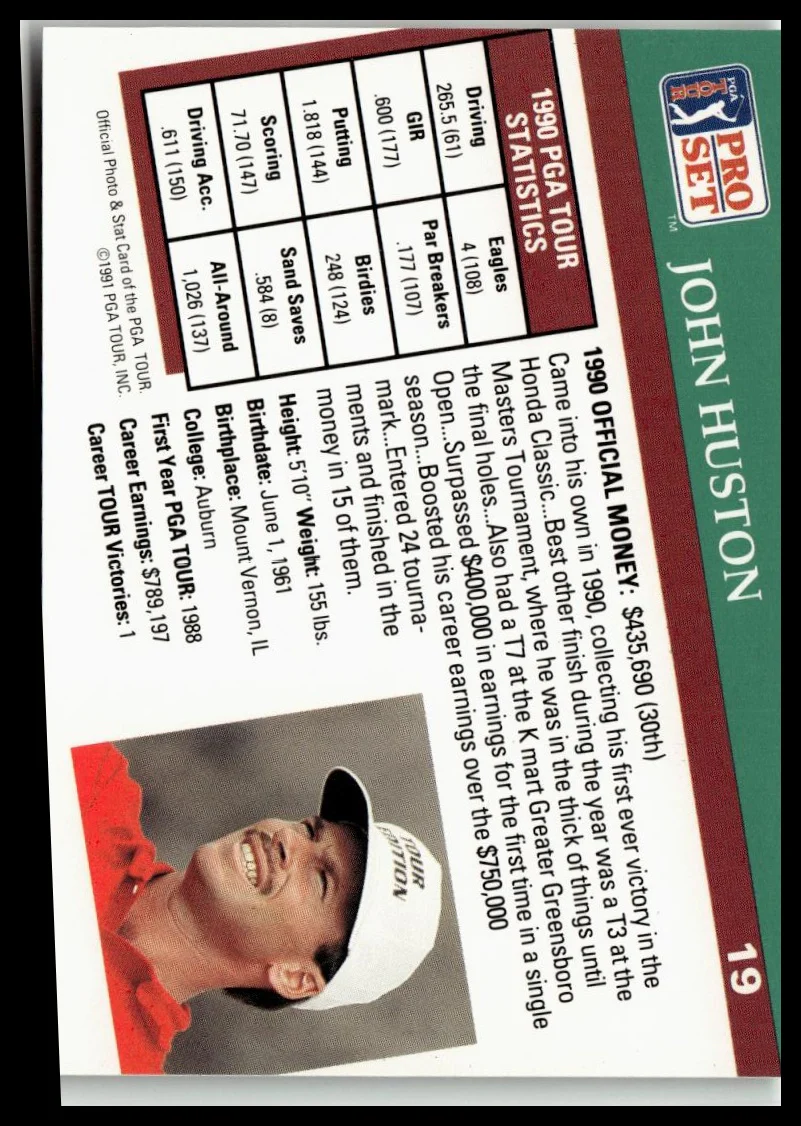 Golf Singles 1991 Pro Set PGA Tour [19 John Huston - Image 2