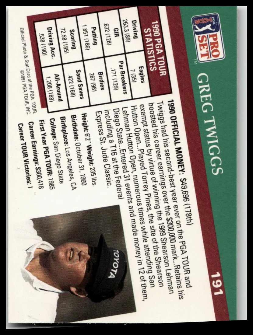 Golf Singles 1991 Pro Set PGA Tour [191 Greg Twiggs - Image 2
