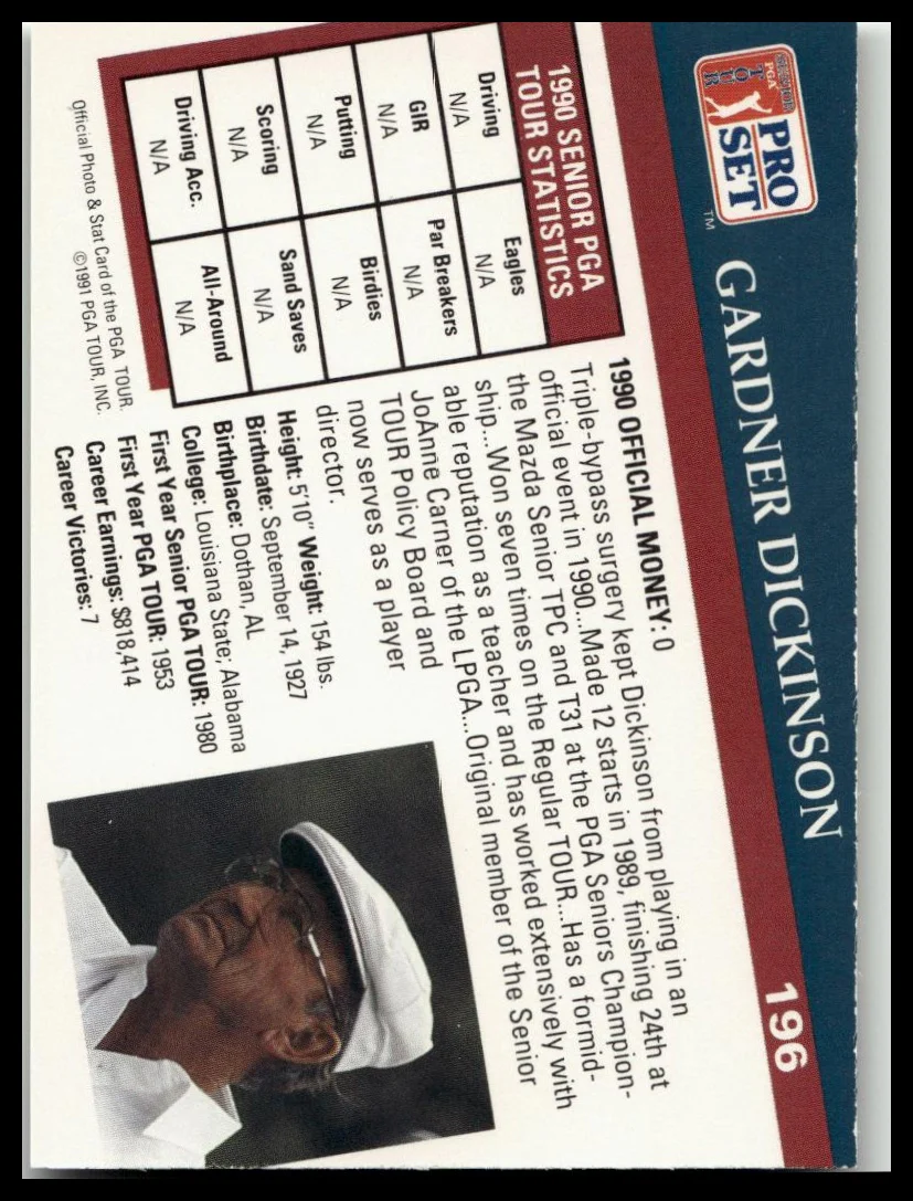 Golf Singles 1991 Pro Set PGA Tour [196 Gardner Dickinson - Image 2
