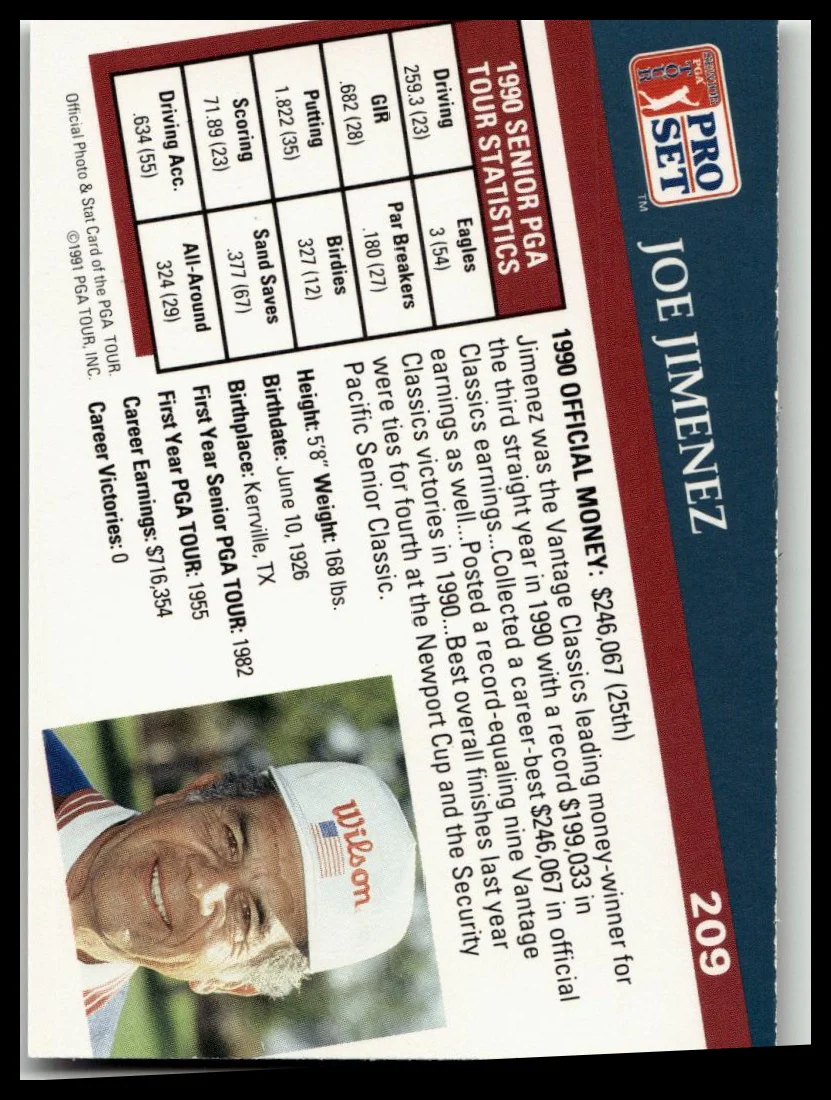 Golf Singles 1991 Pro Set PGA Tour [209 Joe Jimenez - Image 2