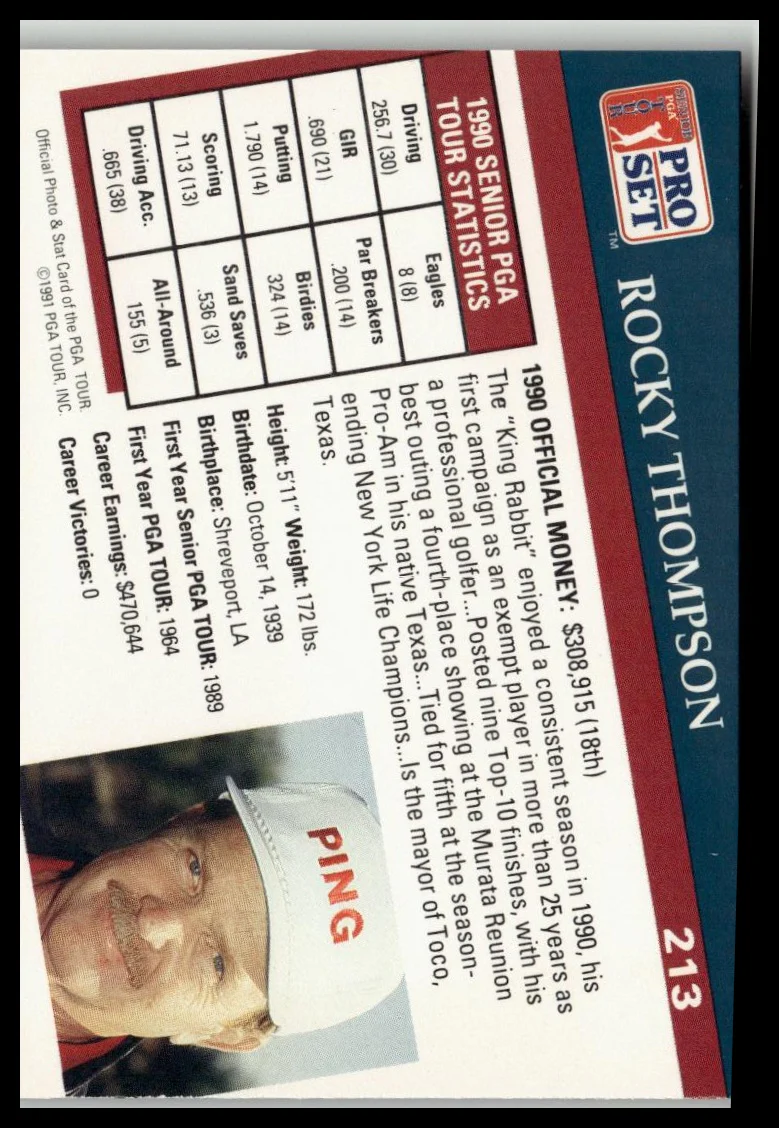 Golf Singles 1991 Pro Set PGA Tour [213 Rocky Thompson - Image 2