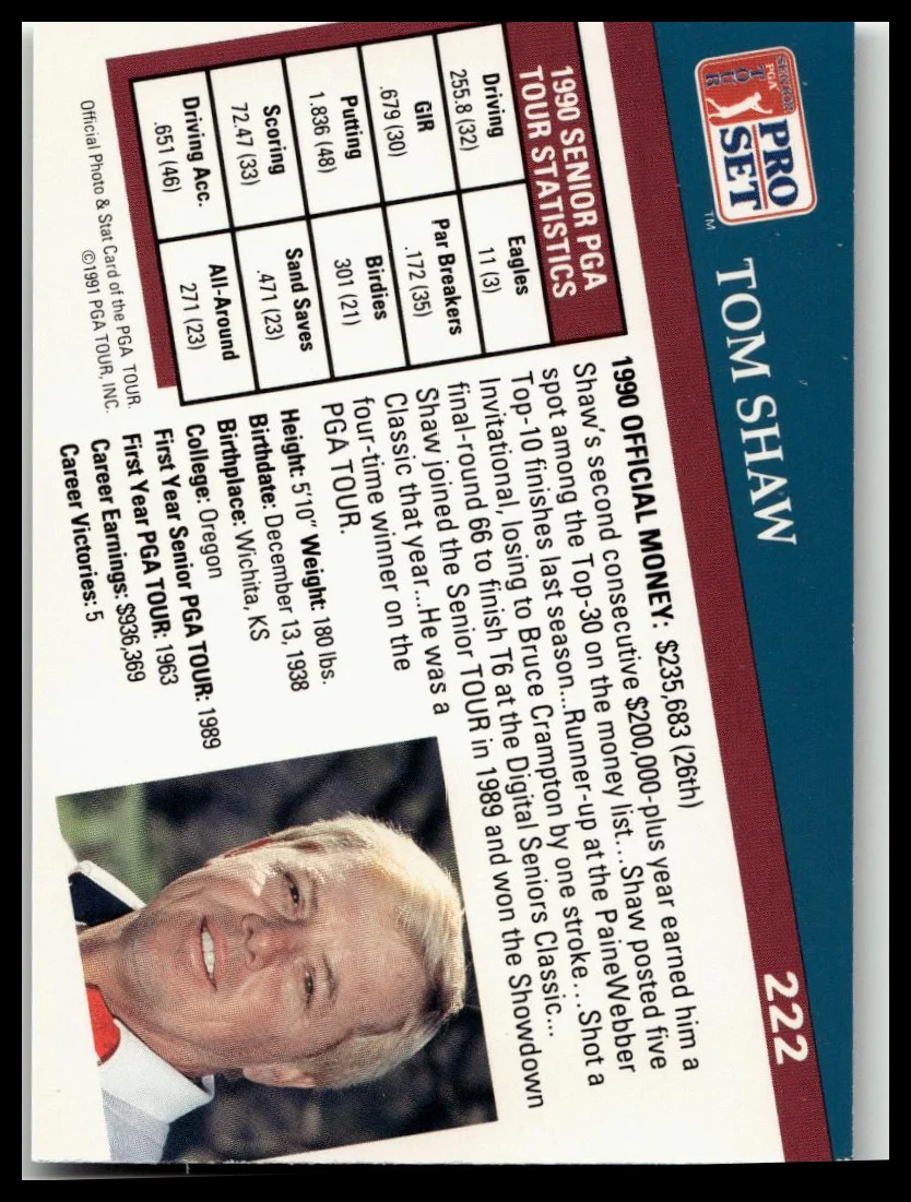 Golf Singles 1991 Pro Set PGA Tour [222 Tom Shaw - Image 2