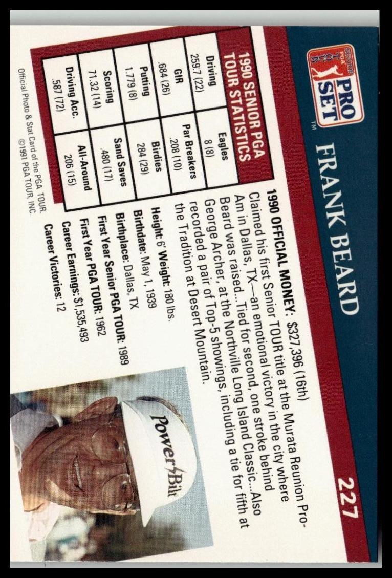 Golf Singles 1991 Pro Set PGA Tour [227 Frank Beard - Image 2