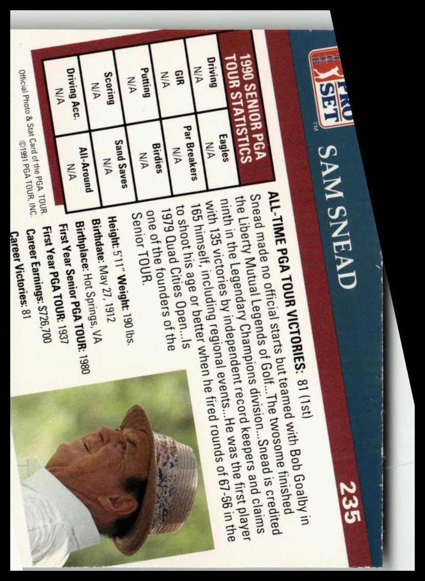 Golf Singles 1991 Pro Set PGA Tour [235 Sam Snead - Image 2