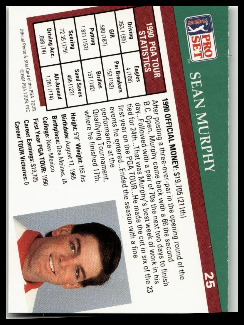 Golf Singles 1991 Pro Set PGA Tour [25 Sean Murphy - Image 2