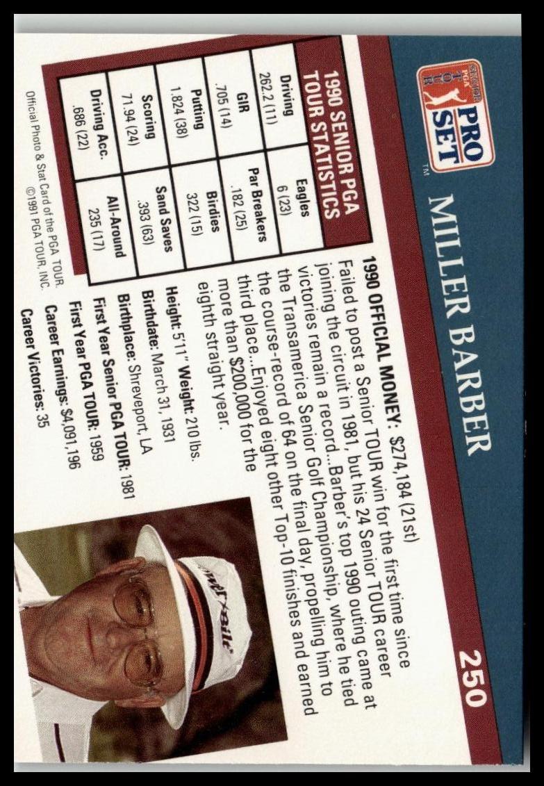 Golf Singles 1991 Pro Set PGA Tour [250 Miller Barber - Image 2