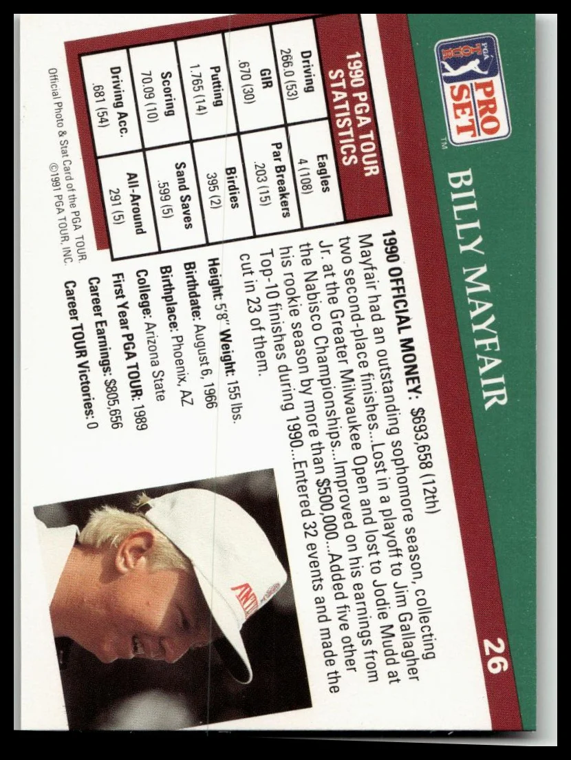 Golf Singles 1991 Pro Set PGA Tour [26 Billy Mayfair - Image 2