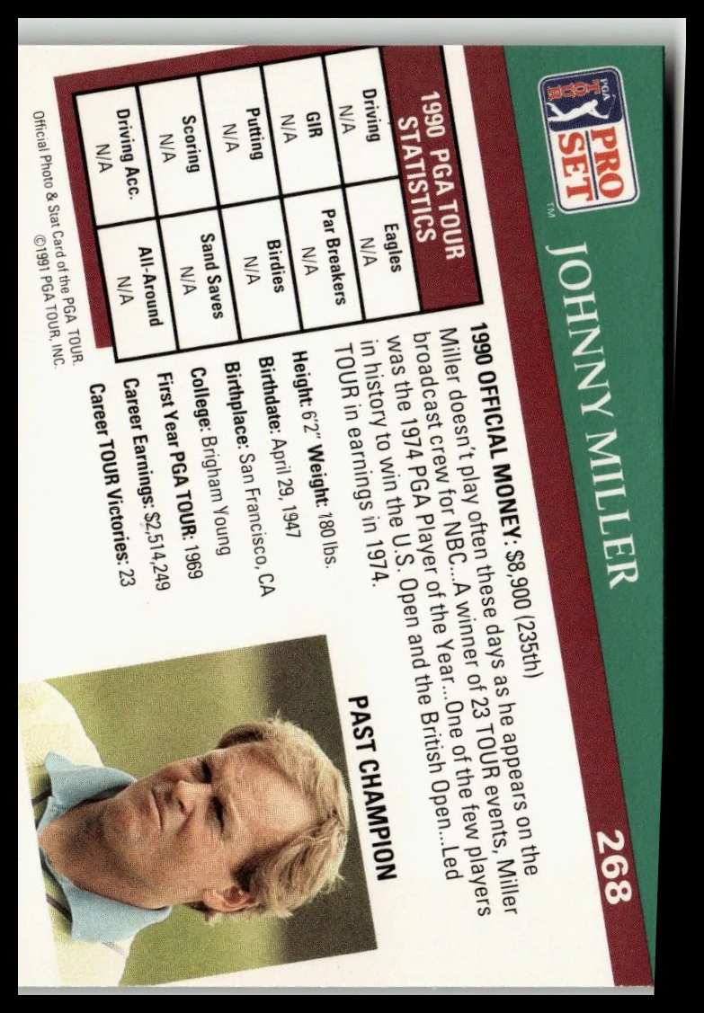 Golf Singles 1991 Pro Set PGA Tour [268 Johnny Miller - Image 2