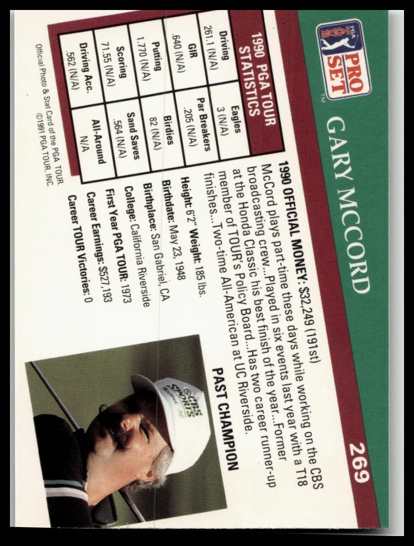 Golf Singles 1991 Pro Set PGA Tour [269 Gary McCord - Image 2