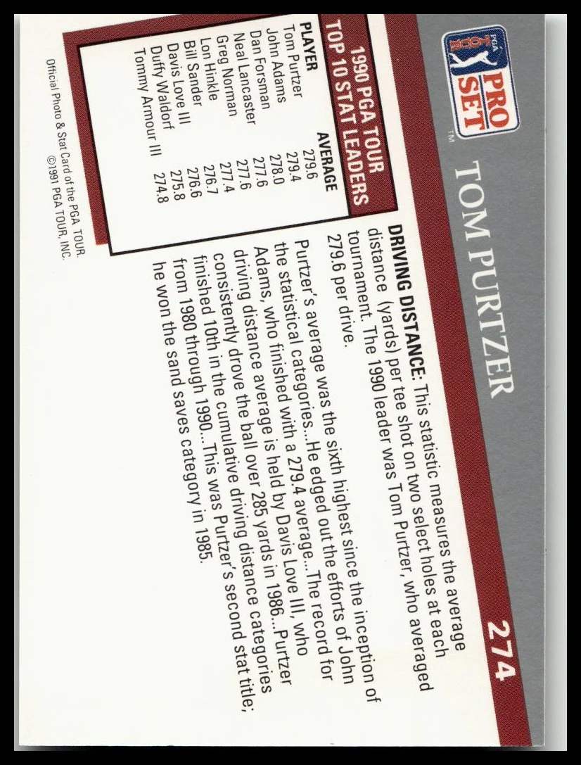 Golf Singles 1991 Pro Set PGA Tour [274 Tom Purtzer - Image 2
