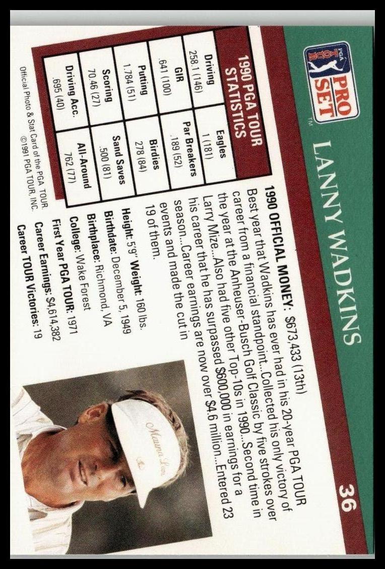 Golf Singles 1991 Pro Set PGA Tour [36 Lanny Wadkins - Image 2