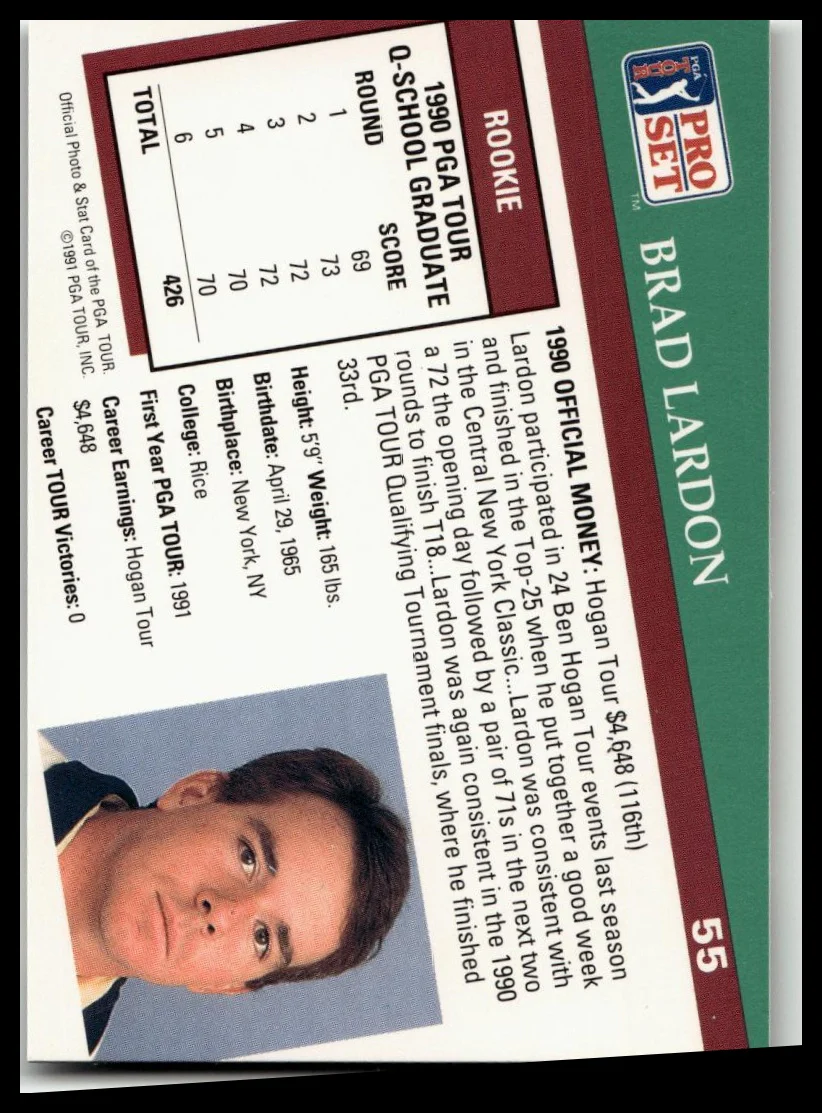 Golf Singles 1991 Pro Set PGA Tour [55 Brad Lardon - Image 2