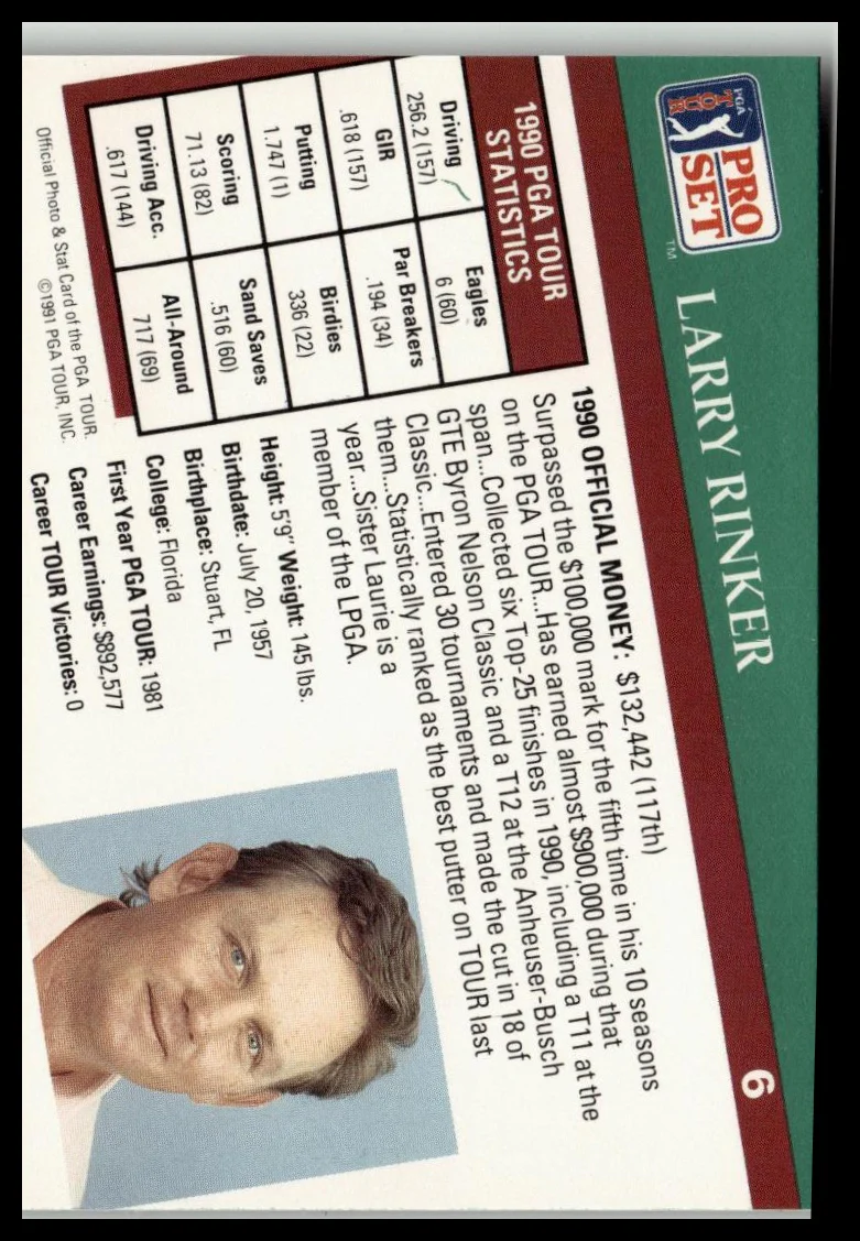 Golf Singles 1991 Pro Set PGA Tour [6 Larry Rinker - Image 4