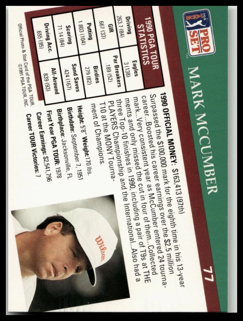 Golf Singles 1991 Pro Set PGA Tour [77 Mark McCumber - Image 2
