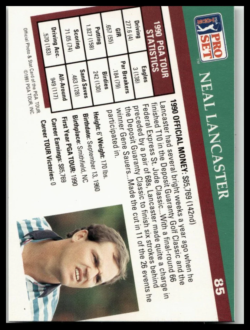Golf Singles 1991 Pro Set PGA Tour [85 Neal Lancaster - Image 2