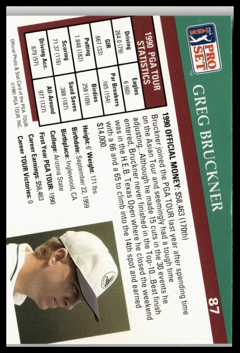 Golf Singles 1991 Pro Set PGA Tour [87 Greg Bruckner - Image 2