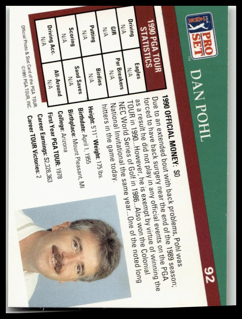 Golf Singles 1991 Pro Set PGA Tour [92 Dan Pohl - Image 2