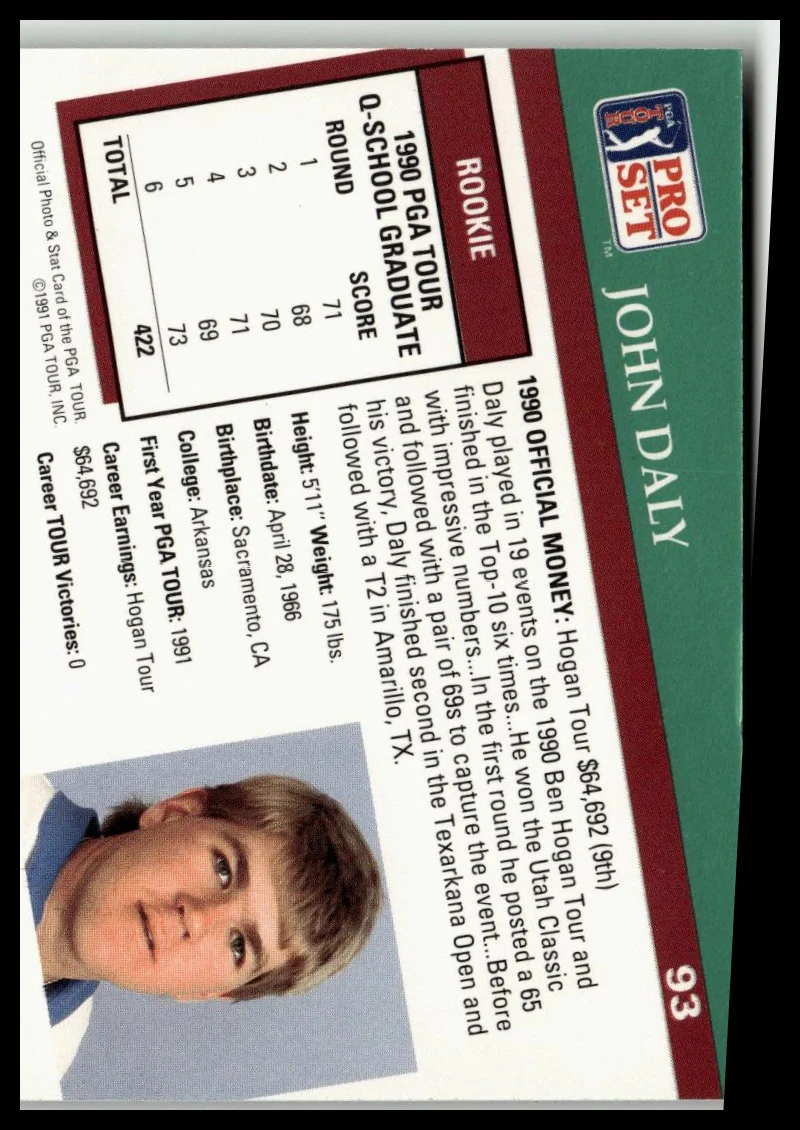 Golf Singles 1991 Pro Set PGA Tour [93 John Daly - Image 2