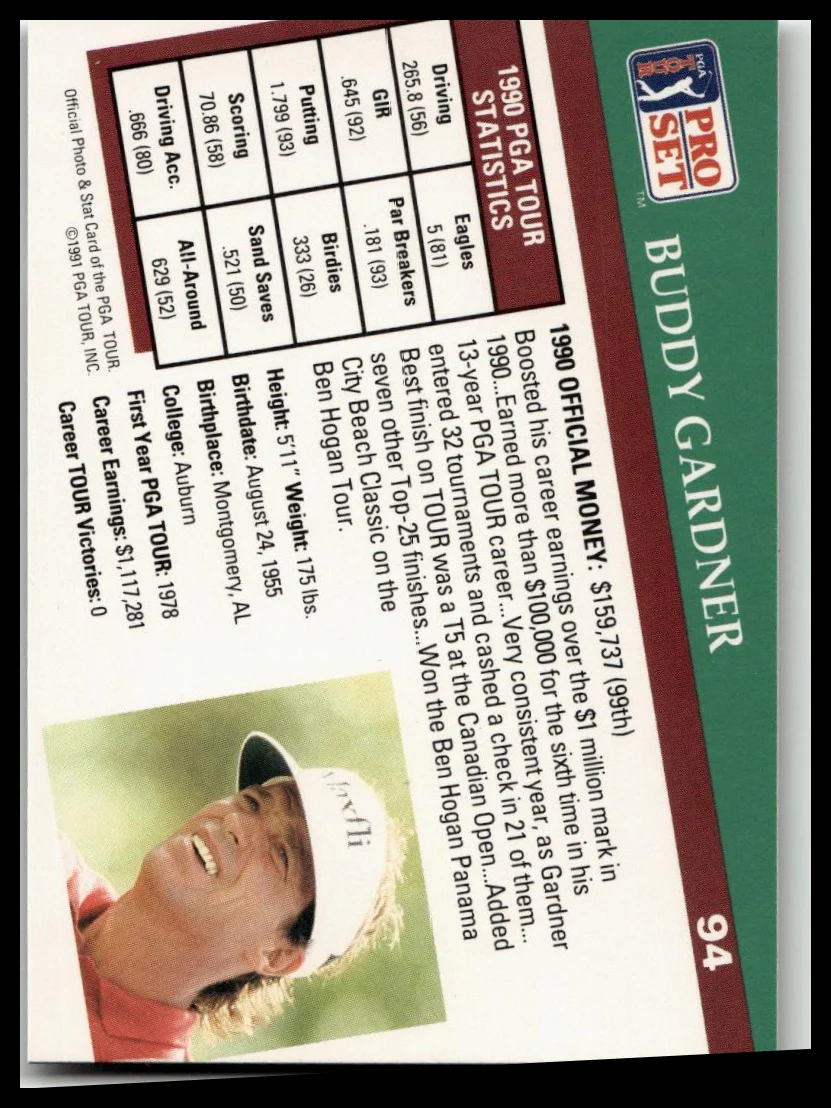 Golf Singles 1991 Pro Set PGA Tour [94 Buddy Gardner - Image 2