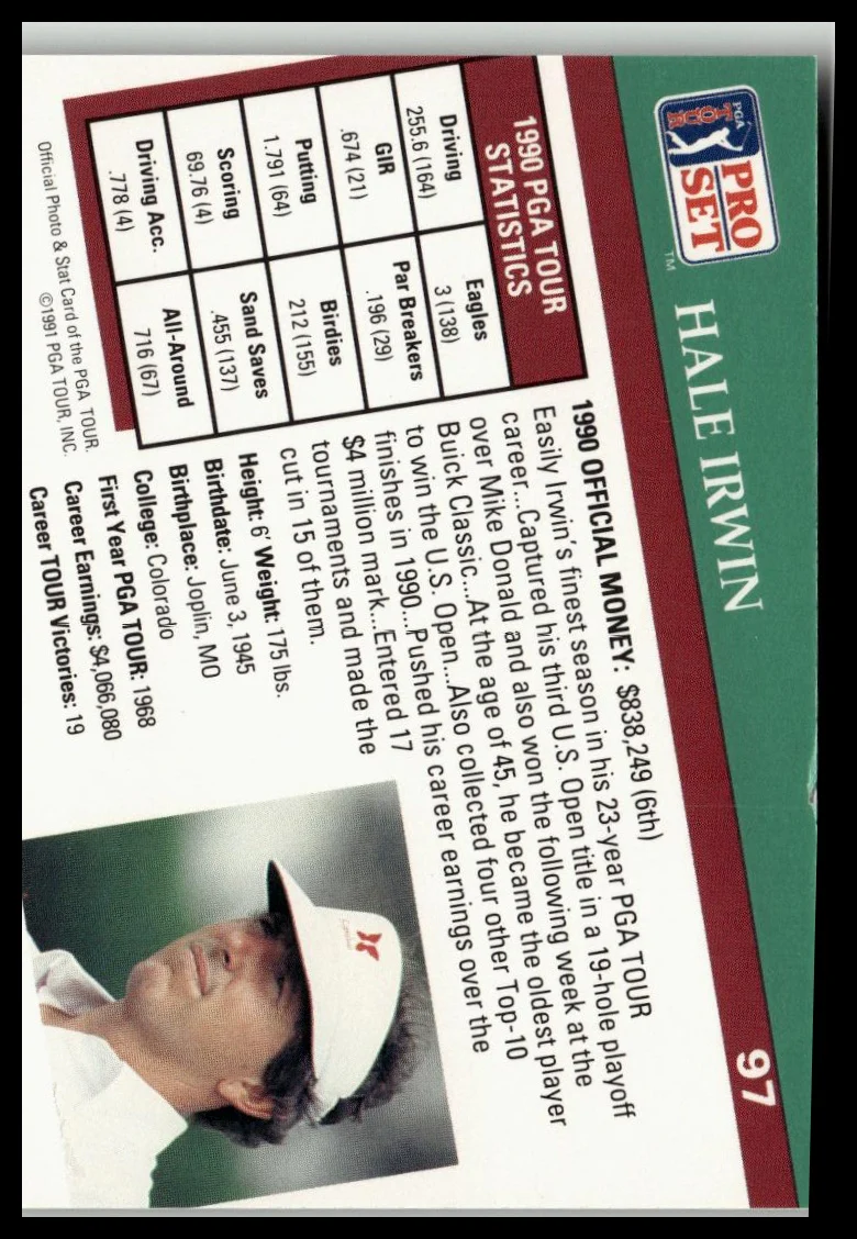 Golf Singles 1991 Pro Set PGA Tour [97 Hale Irwin - Image 2