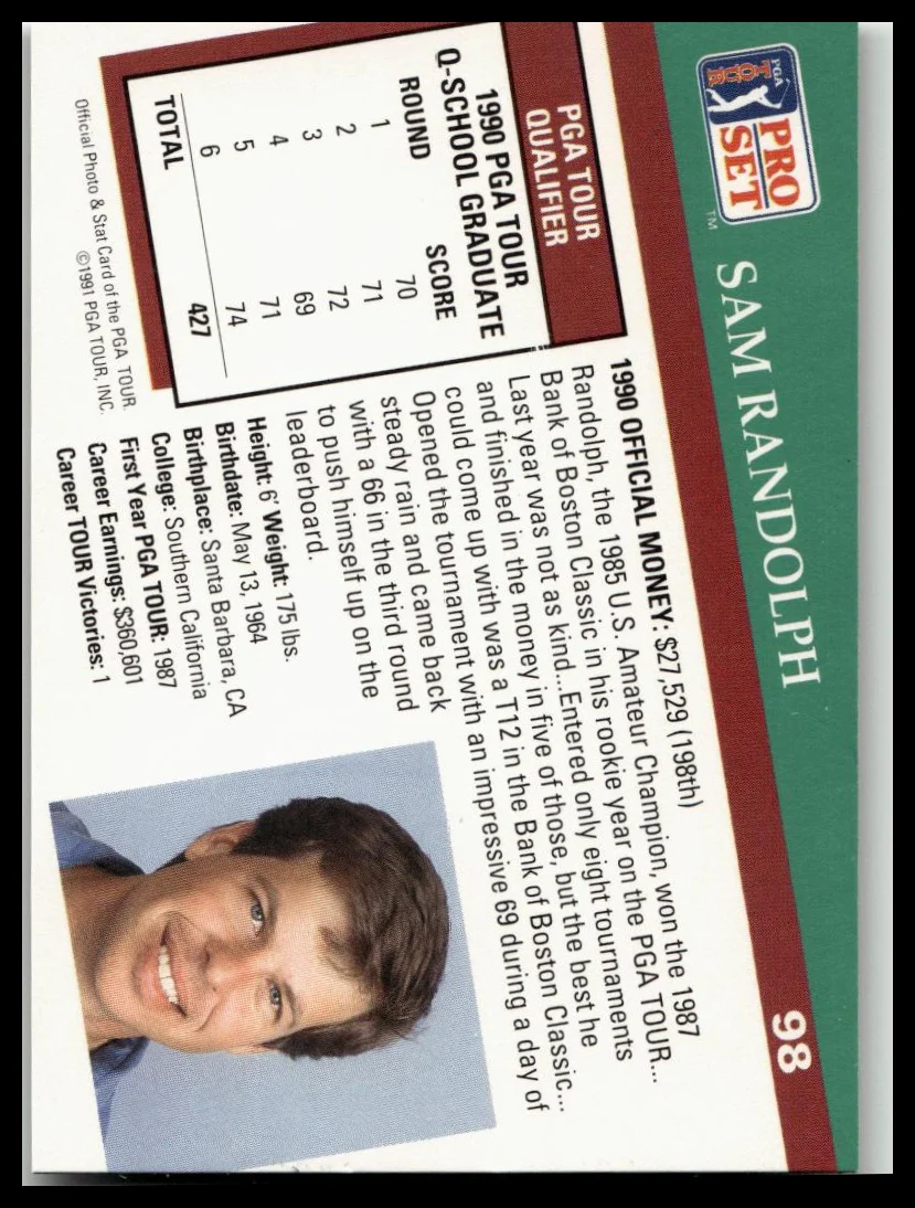 Golf Singles 1991 Pro Set PGA Tour [98 Sam Randolph - Image 2